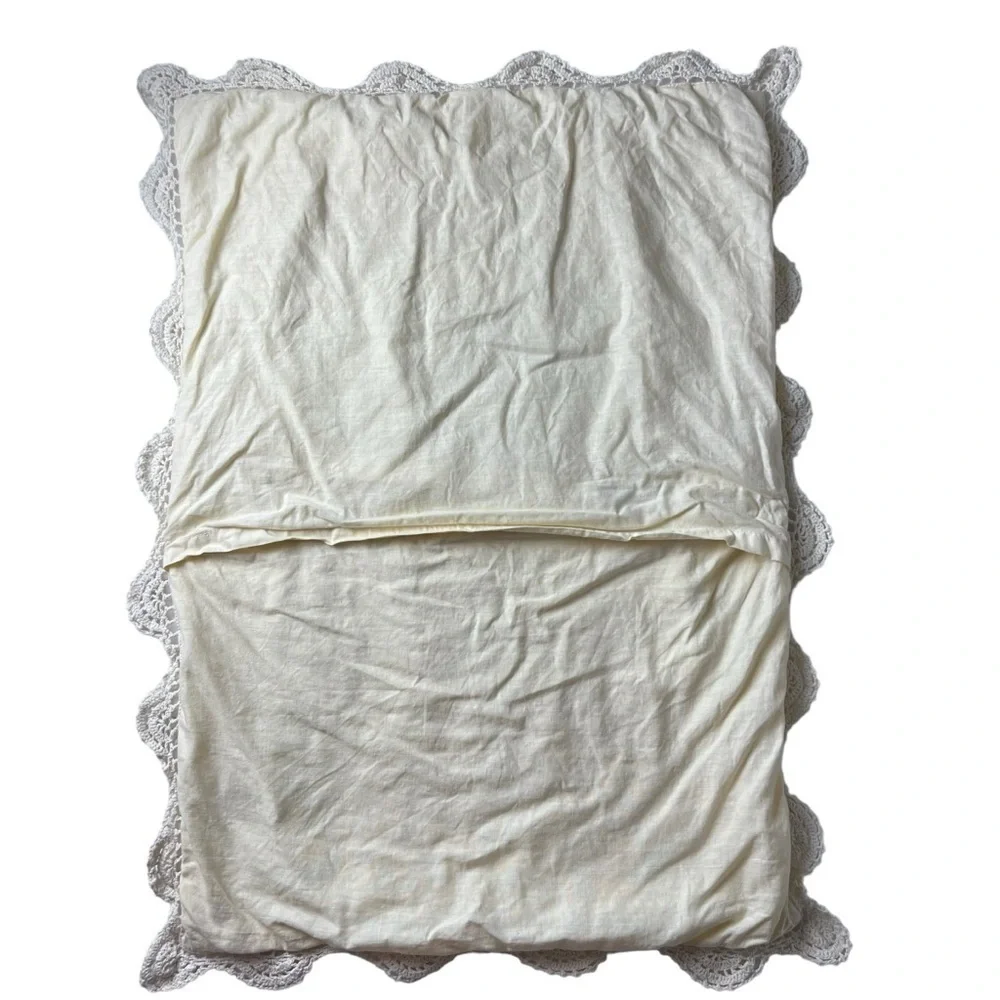 Vtg Crochet Linen Lace Standard Pillow Sham Beige Tan Shabby Cottagecore Chic